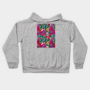 Cute tropical floral leaves botanical illustration, tropical plants,leaves and flowers, hot pink fuchsia leaves pattern Kids Hoodie